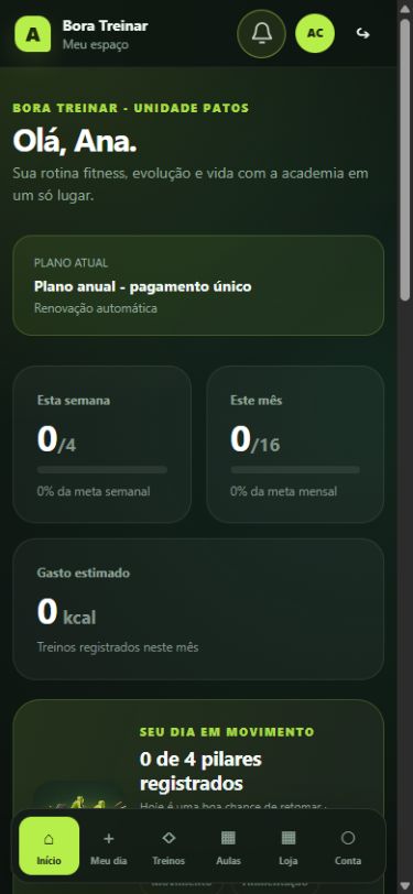 Visão mobile do aluno na Academia OS com plano e metas de treino